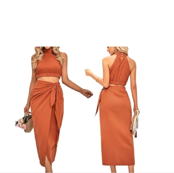 Halter top and side tie skirt set- Brand new with tags. Burnt orange - Picture 3 of 5